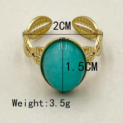 Retro Solid Color Stainless Steel Plating Inlay Natural Stone Opal 14k Gold Plated Open Rings