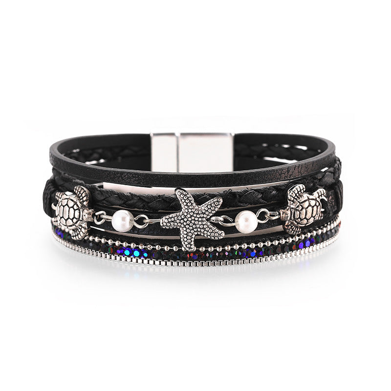 Vacation Tortoise Starfish Pu Leather Plating Artificial Pearls Rhinestones Unisex Bracelets