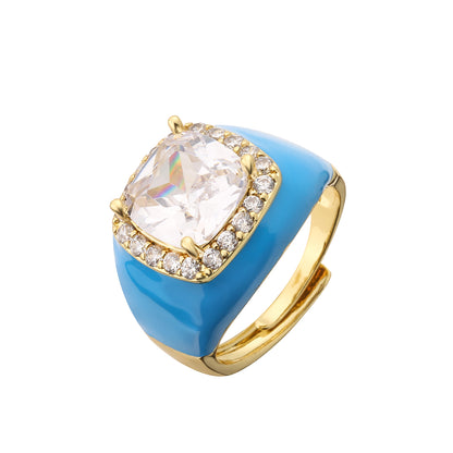 Fashion Square Copper Enamel Plating Inlay Zircon Open Ring 1 Piece