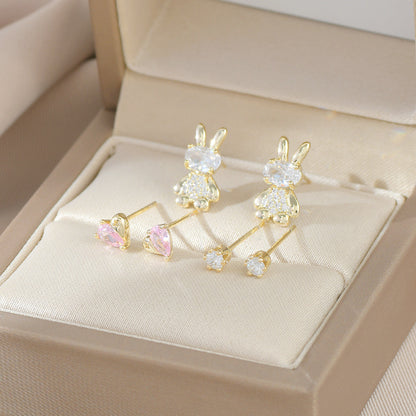 Fashion Rabbit Round Heart Shape Copper Plating Inlay Zircon Ear Studs 1 Set