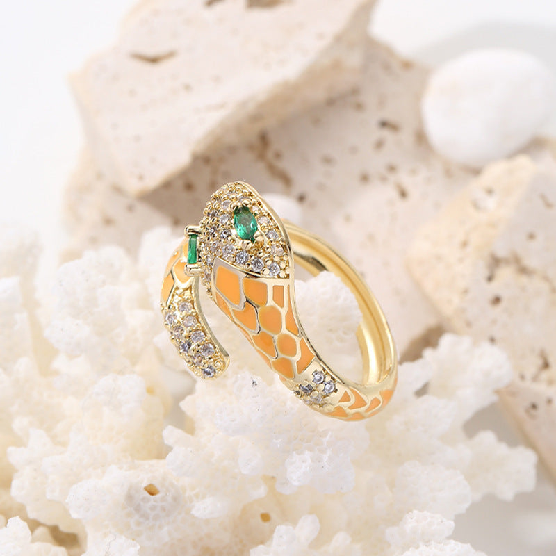 Retro Snake Copper Enamel Zircon Rings 1 Piece