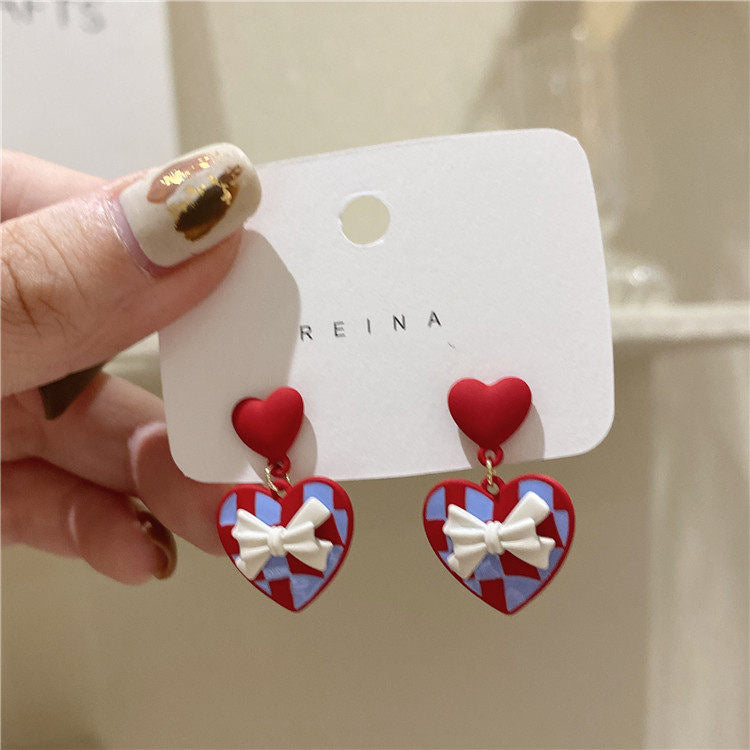 1 Pair Fashion Heart Shape Bow Knot Alloy Enamel Stoving Varnish Valentine's Day Women's Drop Earrings