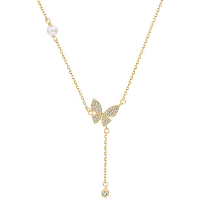 Fashion Butterfly Silver Pearl Plating Inlay Zircon Necklace 1 Piece