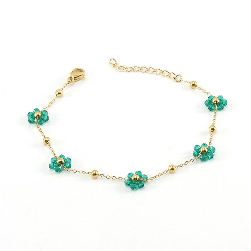 Wholesale Fashion Flower Artificial Crystal Titanium Steel Beaded Plating 18k Gold Plated Bracelets Necklace