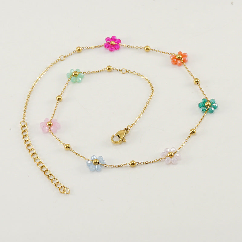 Wholesale Fashion Flower Artificial Crystal Titanium Steel Beaded Plating 18k Gold Plated Bracelets Necklace