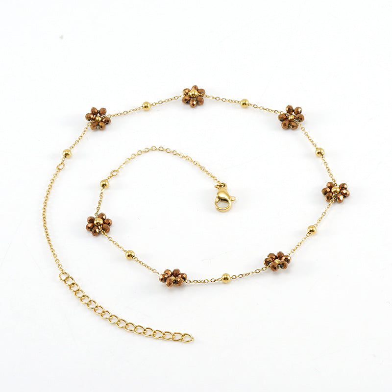 Wholesale Fashion Flower Artificial Crystal Titanium Steel Beaded Plating 18k Gold Plated Bracelets Necklace