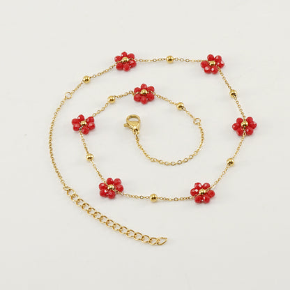 Wholesale Fashion Flower Artificial Crystal Titanium Steel Beaded Plating 18k Gold Plated Bracelets Necklace