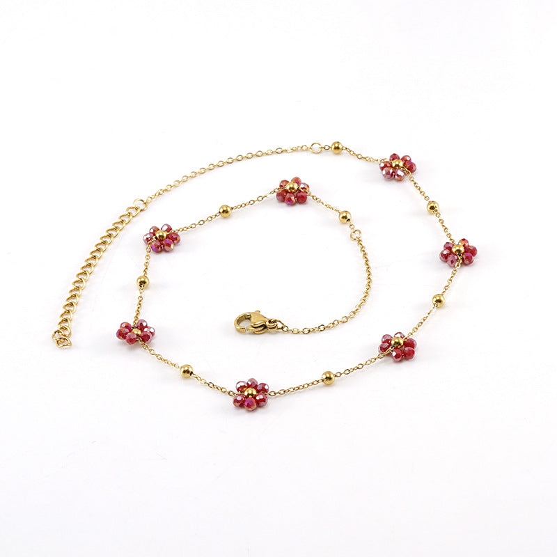 Wholesale Fashion Flower Artificial Crystal Titanium Steel Beaded Plating 18k Gold Plated Bracelets Necklace