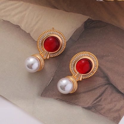 1 Pair Vintage Style French Style Round Inlay Copper Pearl Diamond 18K Gold Plated Drop Earrings