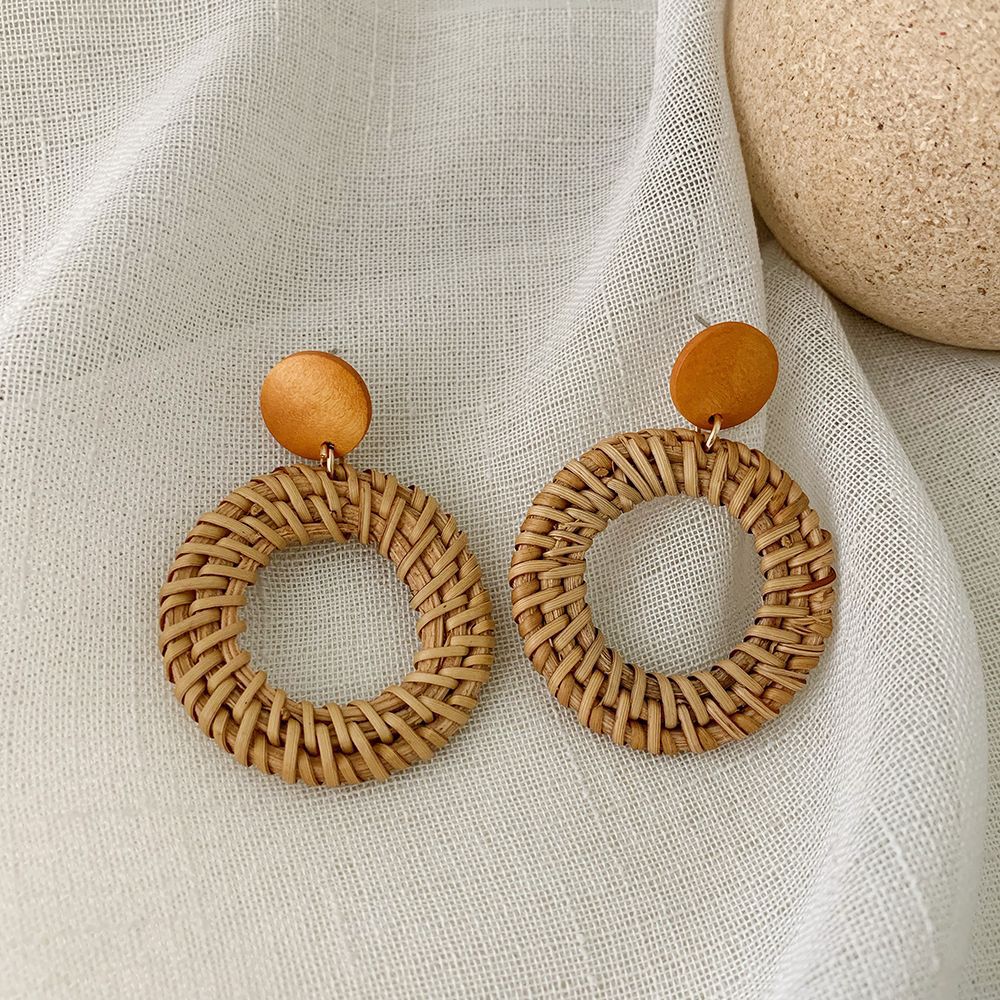 1 Pair Fashion Triangle Round Moon Wood Straw Copper Inlaid Acrylic Women's Earrings