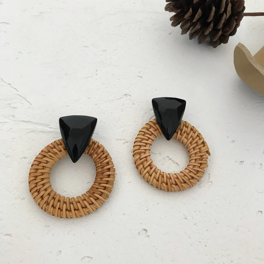 1 Pair Fashion Triangle Round Moon Wood Straw Copper Inlaid Acrylic Women's Earrings