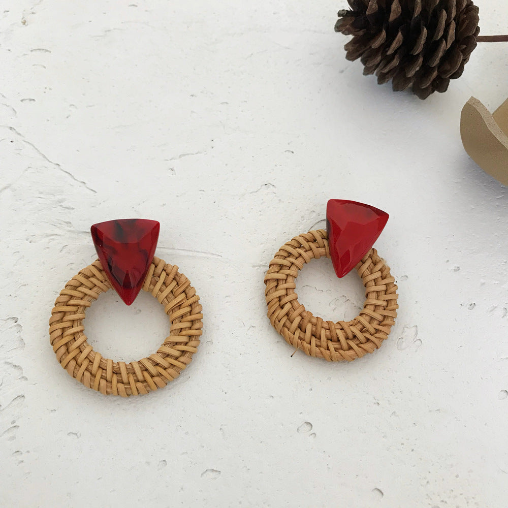 1 Pair Fashion Triangle Round Moon Wood Straw Copper Inlaid Acrylic Women's Earrings