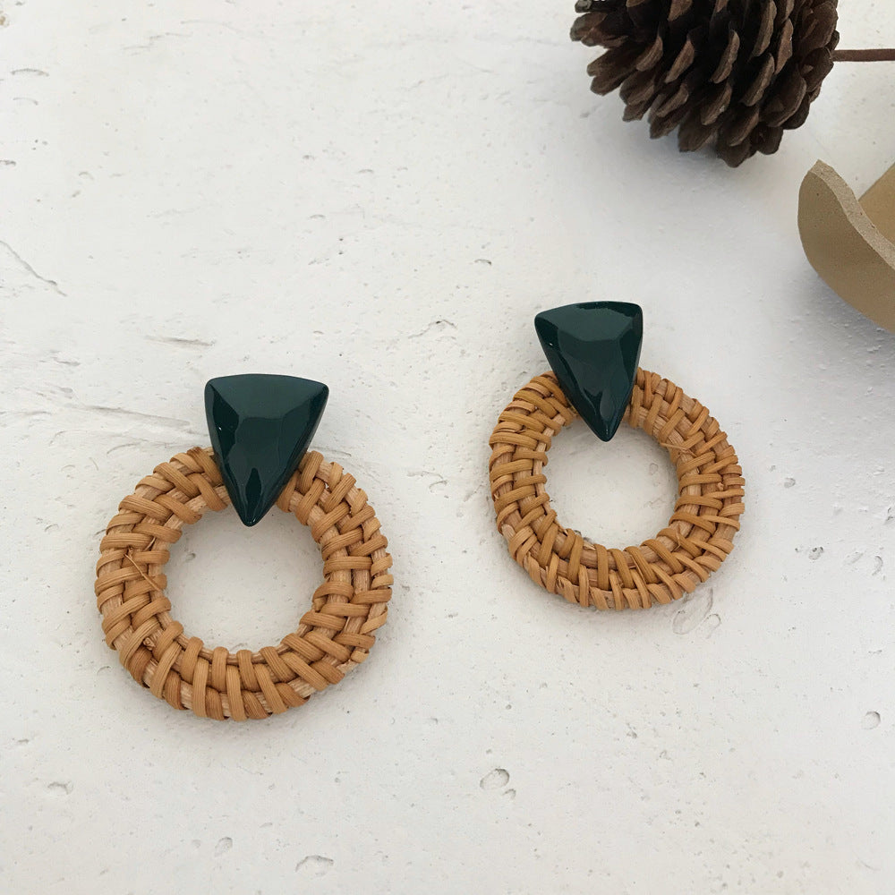 1 Pair Fashion Triangle Round Moon Wood Straw Copper Inlaid Acrylic Women's Earrings