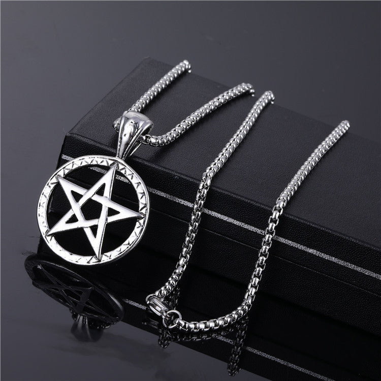 Fashion Pentagram Cross Guitar Titanium Steel Plating Inlay Turquoise Pendant Necklace 1 Piece