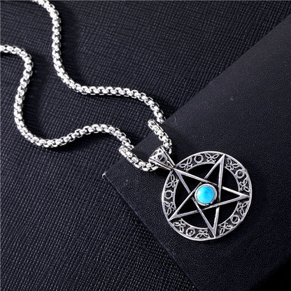 Fashion Pentagram Cross Guitar Titanium Steel Plating Inlay Turquoise Pendant Necklace 1 Piece