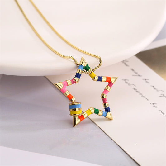 Ig Style Simple Style Pentagram Rainbow Heart Shape Copper Enamel Plating Inlay Zircon Gold Plated Pendant Necklace