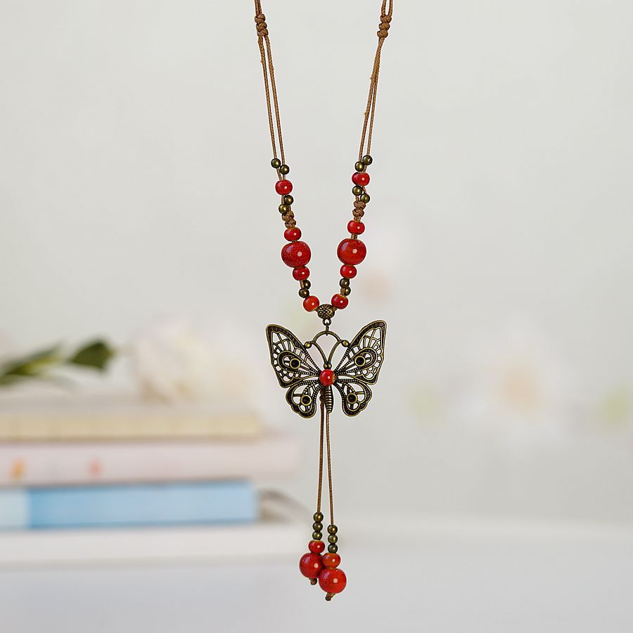 1 Piece Ethnic Style Tassel Butterfly Alloy Mixed Materials Knitting Women's Necklace