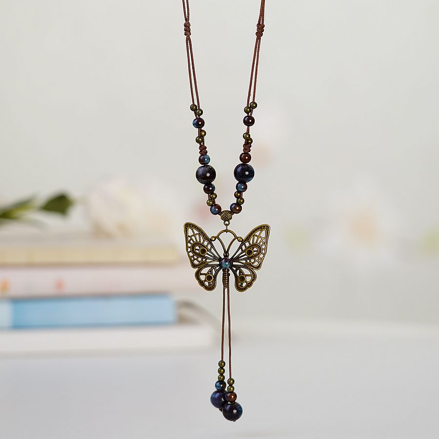 1 Piece Ethnic Style Tassel Butterfly Alloy Mixed Materials Knitting Women's Necklace