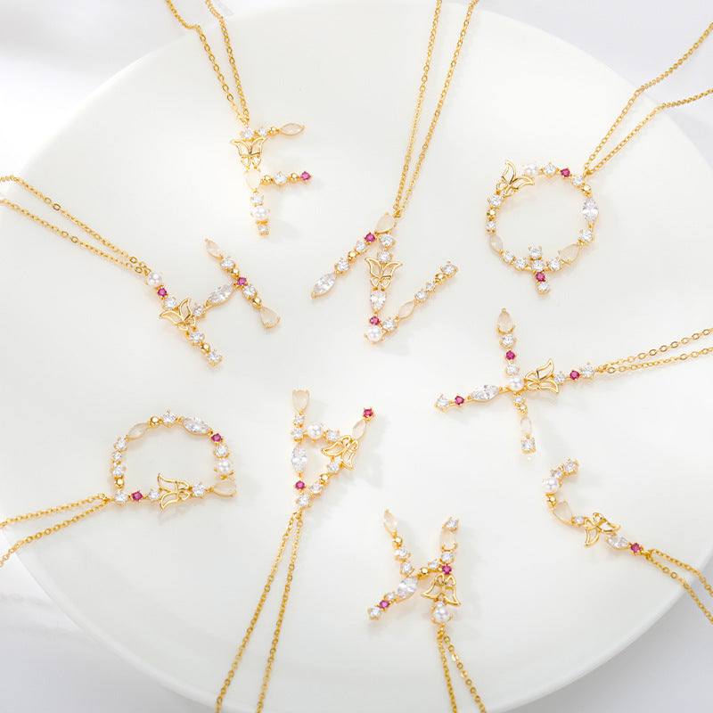 Cross-border Ins New Fashion 26 Letter Necklace Female Color Zircon Letter Butterfly Inlaid Opal Necklace