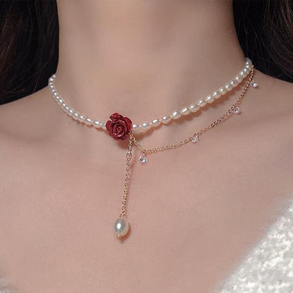 Sweet Rose Flower Imitation Pearl Alloy Beaded Inlay Rhinestones Women's Choker