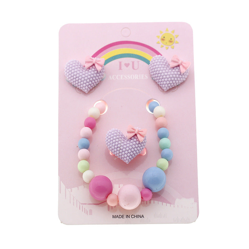 1 Set Fashion Heart Shape Plastic Beaded Girl's Rings Earrings Necklace