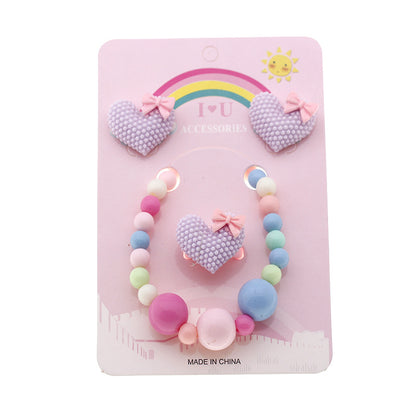 1 Set Fashion Heart Shape Plastic Beaded Girl's Rings Earrings Necklace