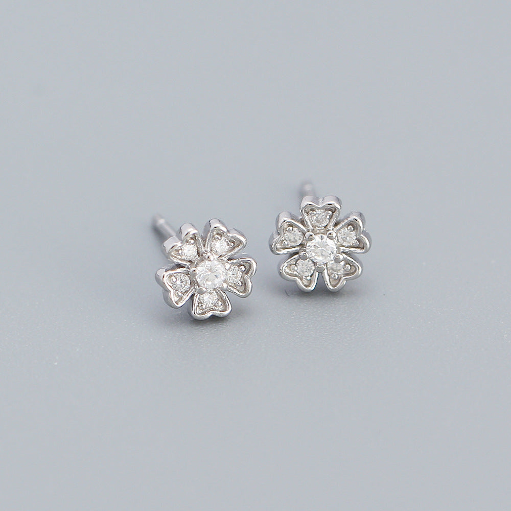 Fashion Flower Sterling Silver Inlay Zircon Ear Studs 1 Pair