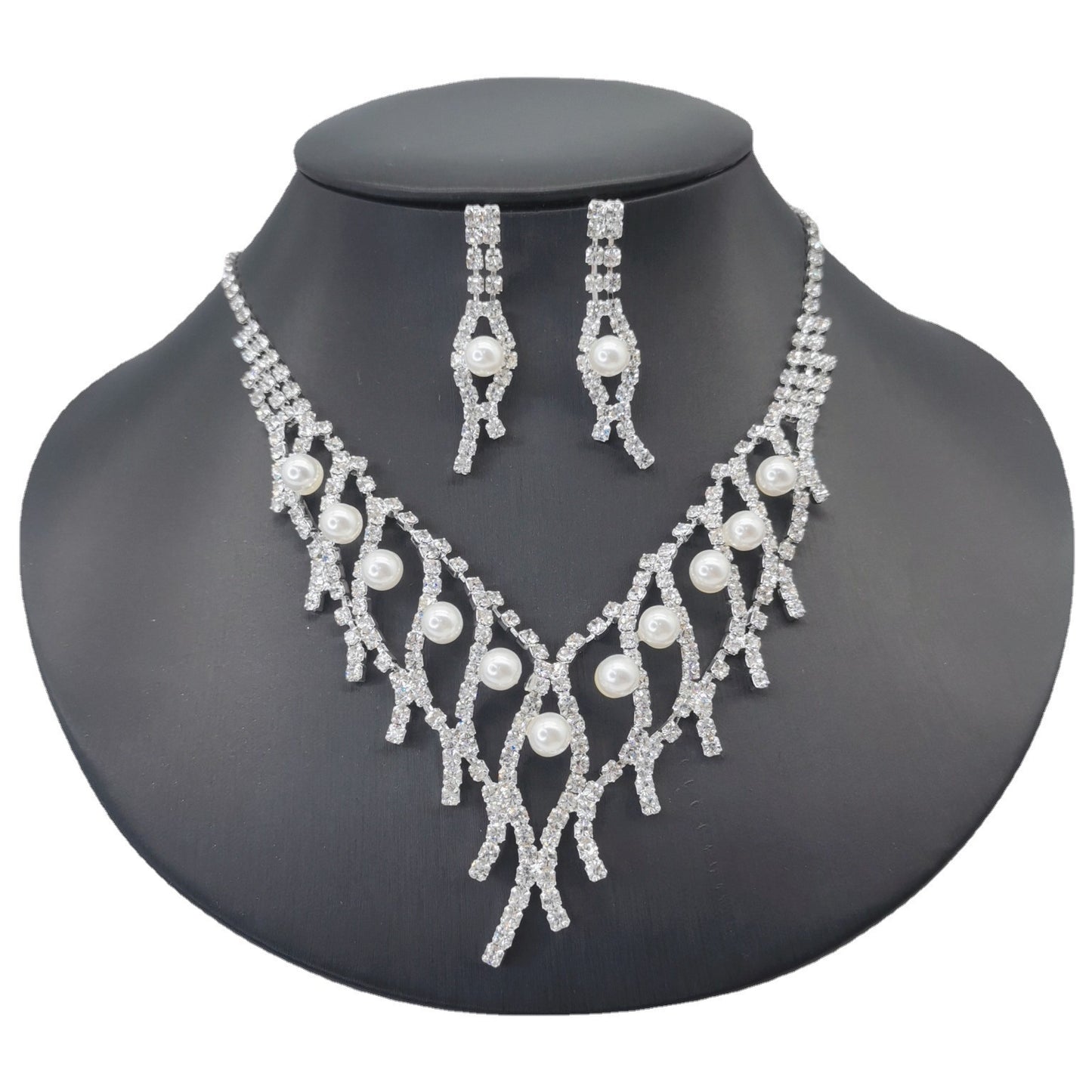 Fashion Geometric Rhinestone Plating Earrings Necklace 1 Set