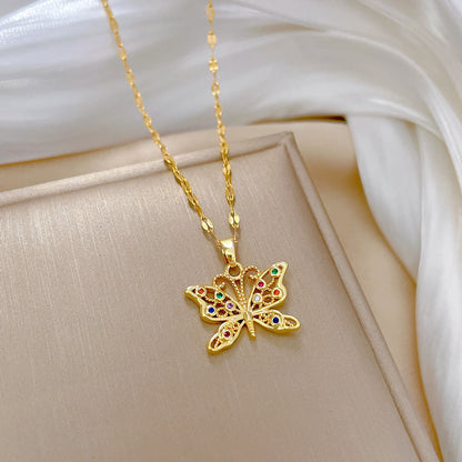 Fashion Butterfly Titanium Steel Copper Plating Inlay Zircon Pendant Necklace