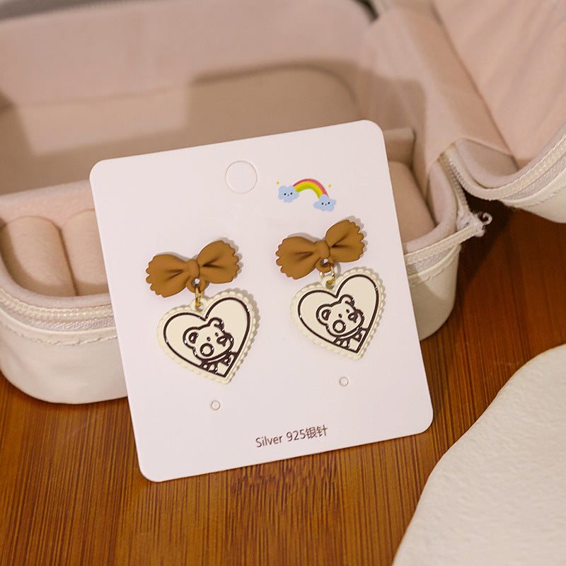 1 Pair Cute Bear Heart Shape Bow Knot Alloy Women's Earrings