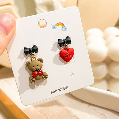 1 Pair Cute Bear Heart Shape Bow Knot Alloy Women's Earrings