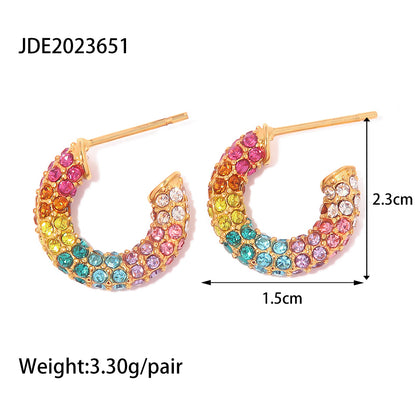 1 Pair Simple Style C Shape Inlay Stainless Steel Rhinestones 18k Gold Plated Ear Studs