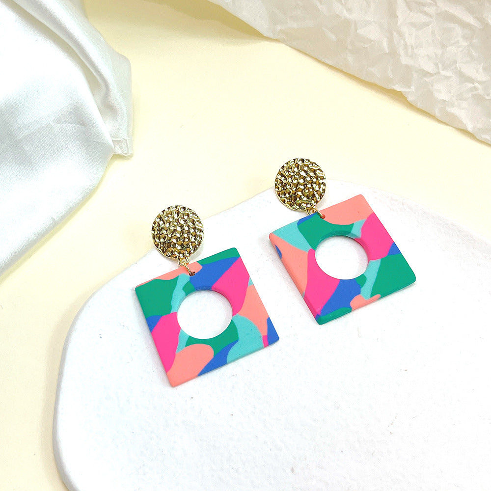 1 Pair Retro Color Block Square Patchwork Alloy Soft Clay Drop Earrings