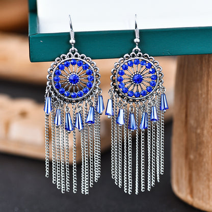 1 Pair Ethnic Style Round Tassel Alloy Plating Inlay Artificial Diamond Women's Drop Earrings