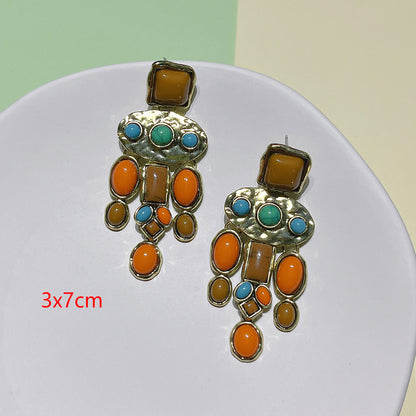 1 Pair Ethnic Style Square Oval Inlay Alloy Turquoise Drop Earrings