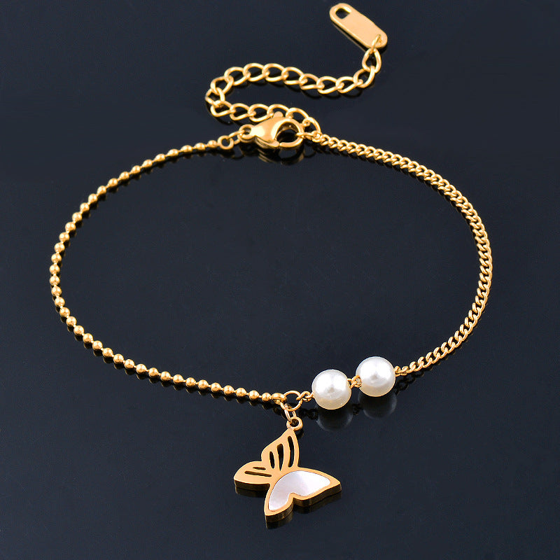 Simple Style Flower Butterfly Titanium Steel Inlay Artificial Pearls Bracelets 1 Piece