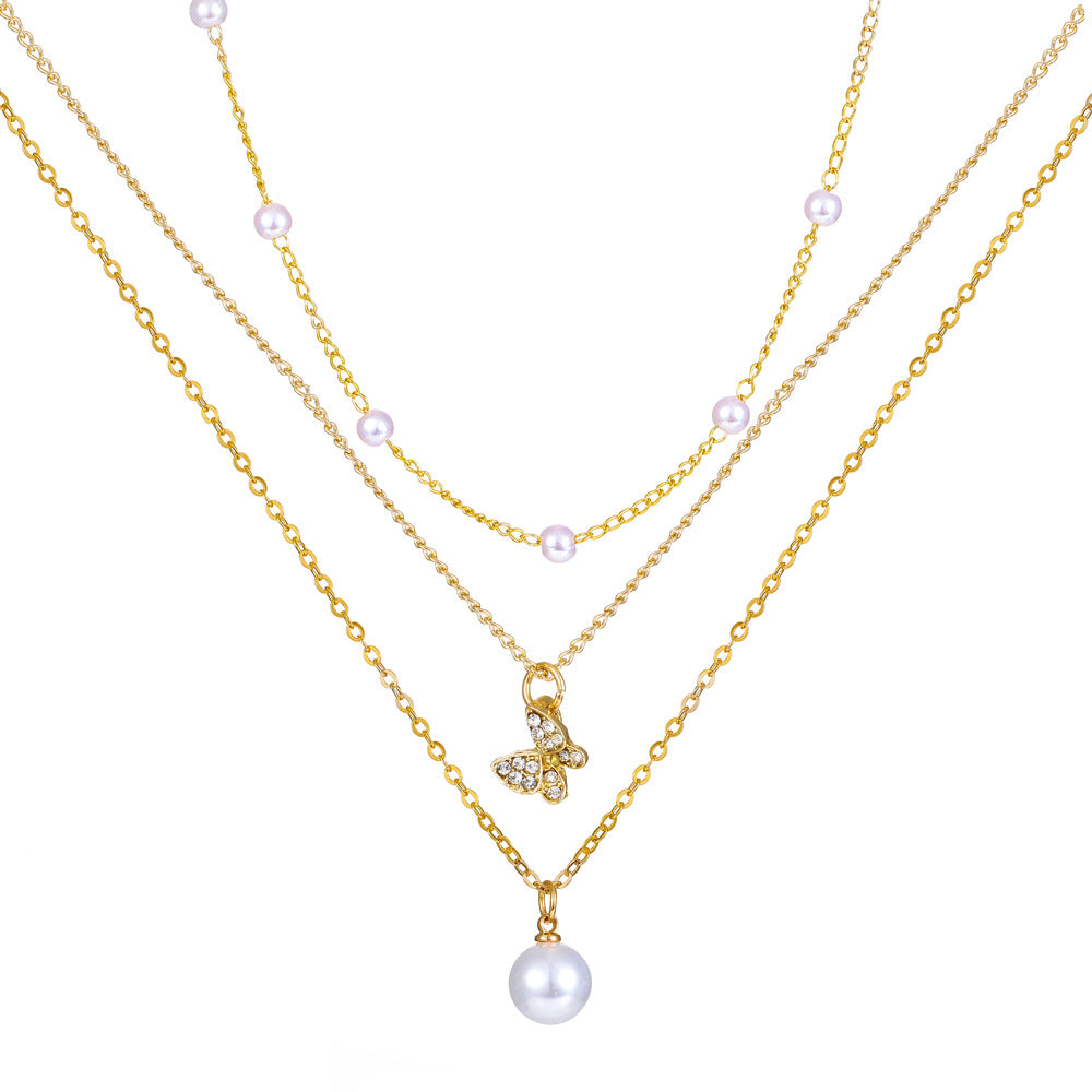 Retro Cross Palm Butterfly Alloy Inlay Artificial Pearls Rhinestones 14k Gold Plated Women's Layered Necklaces