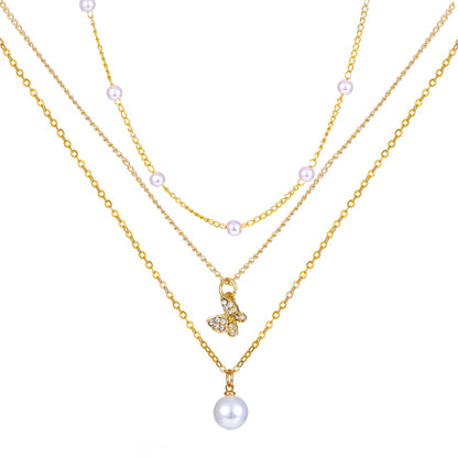 Retro Cross Palm Butterfly Alloy Inlay Artificial Pearls Rhinestones 14k Gold Plated Women's Layered Necklaces