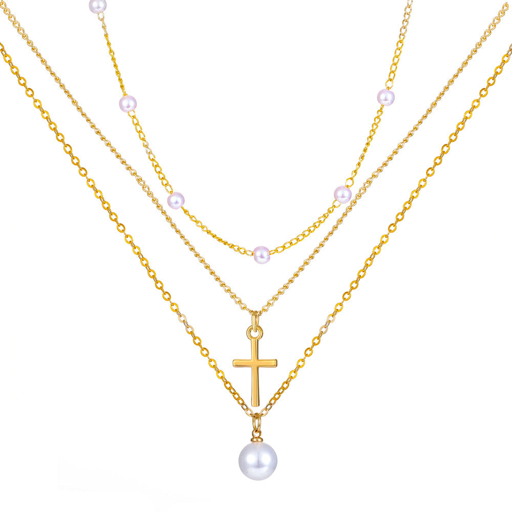 Retro Cross Palm Butterfly Alloy Inlay Artificial Pearls Rhinestones 14k Gold Plated Women's Layered Necklaces