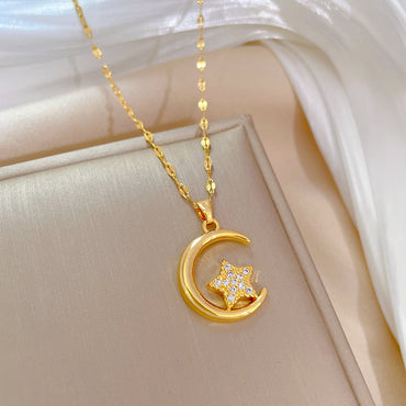 Simple Style Star Stainless Steel Copper Inlay Artificial Diamond Pendant Necklace