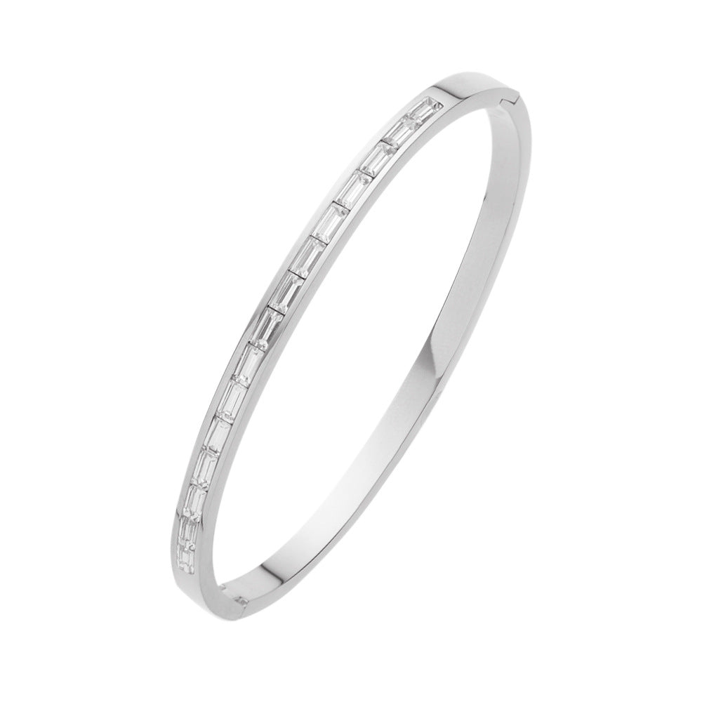 French Style Square Titanium Steel Inlay Zircon Bangle 1 Piece