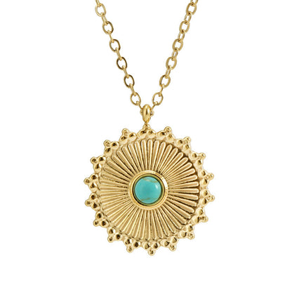 Retro Round Stainless Steel Inlay Turquoise Pendant Necklace 1 Piece