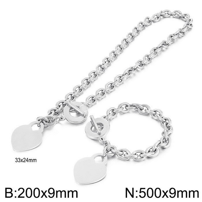 Fashion Heart Pendant Ot Buckle Stainless Steel Necklace Bracelet Set