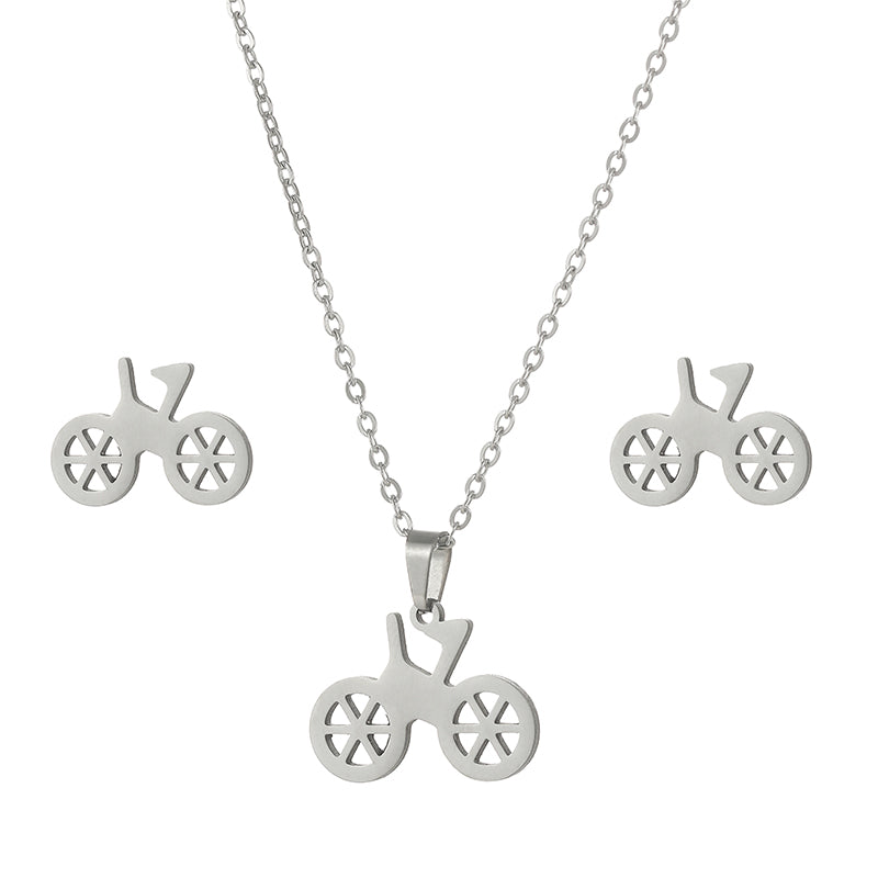 Simple Style Moon Bicycle Bow Knot Titanium Steel Plating Earrings Necklace 1 Set