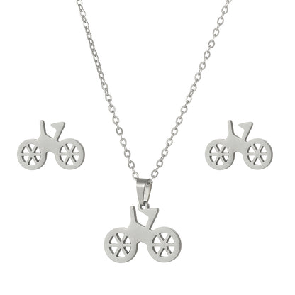 Simple Style Moon Bicycle Bow Knot Titanium Steel Plating Earrings Necklace 1 Set