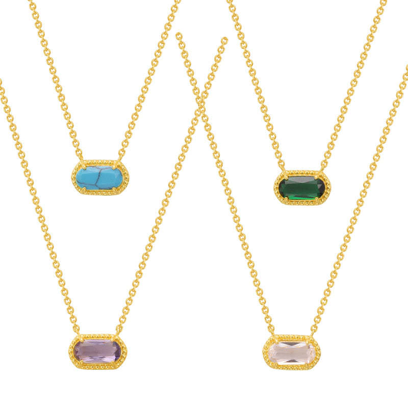 Retro Oval Copper Plating Inlay Natural Stone Opal Zircon Gold Plated Pendant Necklace