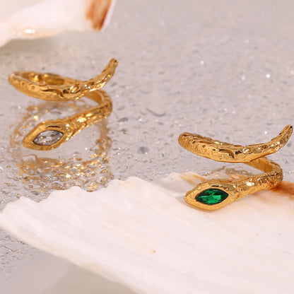 Retro Snake Stainless Steel Plating Zircon 18k Gold Plated Open Ring