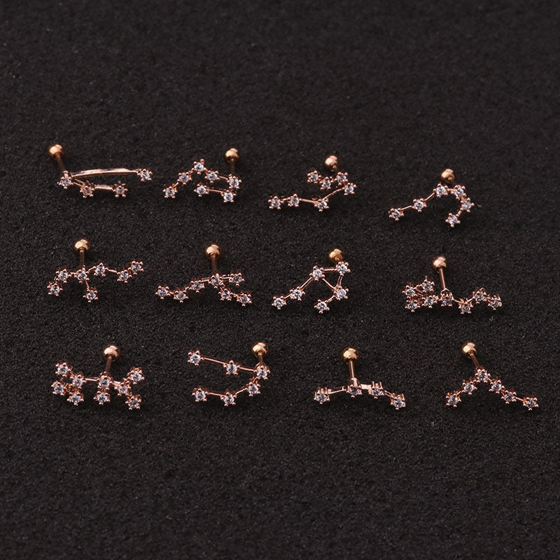 Women's Fashion Constellation Metal Ear Studs Inlay Zircon Body Jewelry