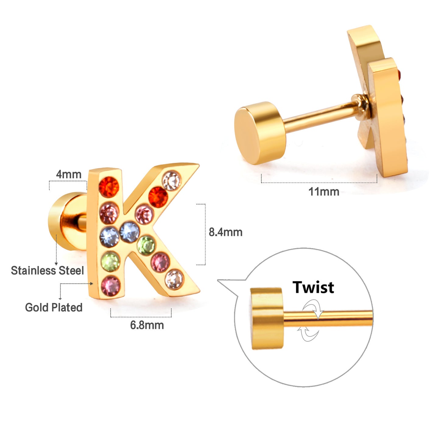 Fashion Letter Stainless Steel Inlay Zircon Ear Studs 1 Pair