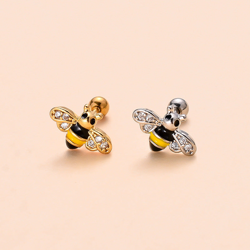 Cute Flower Bee Copper Plating Inlay Zircon Ear Studs 1 Piece